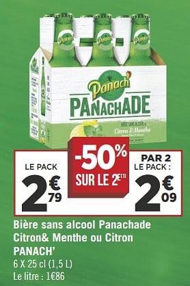 Promotions Bière sans alcool panachade citron+ menthe ou citron panach` - Panach - Valide de 22/05/2018 à 03/06/2018 chez Géant Casino