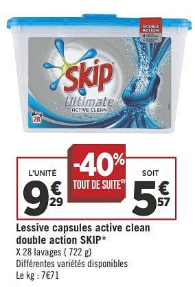 Promotions Lessive capsules active clean double action skip - Skip - Valide de 22/05/2018 à 03/06/2018 chez Géant Casino