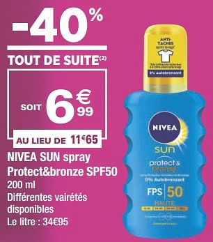 Promoties Nivea sun spray protect+bronze spf50 - Nivea - Geldig van 22/05/2018 tot 03/06/2018 bij Géant Casino