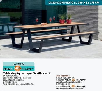 Promotions Table de pique-nique sevilla carré - Bristol - Valide de 23/05/2018 à 26/06/2018 chez Overstock