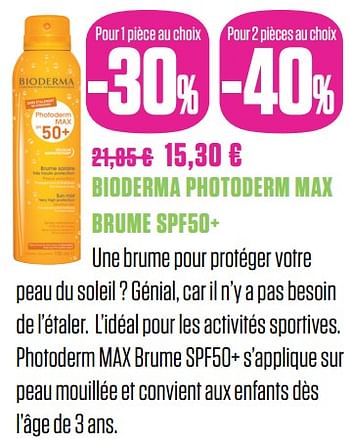 Promotions Bioderma photoderm max brume spf50+ - BIODERMA - Valide de 01/06/2018 à 31/08/2018 chez Medi-Market