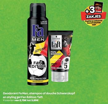 Promoties Deodorant fa men, shampoo of douche schwarzkopf en styling gel fan edition taft - Fa - Geldig van 30/05/2018 tot 25/06/2018 bij Carrefour