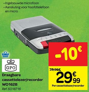 Promoties Gpo draagbare cassettelezer-recorder wo162b - GPO - Geldig van 30/05/2018 tot 25/06/2018 bij Carrefour