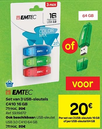 Promoties Set van 3 usb-sleutels c410 16 gb - Emtec - Geldig van 30/05/2018 tot 25/06/2018 bij Carrefour