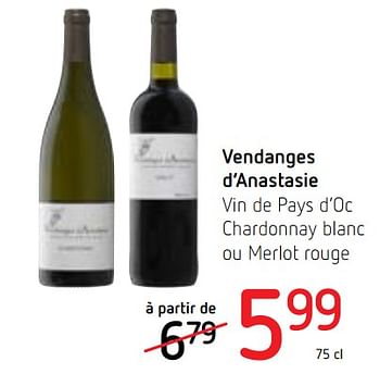 Promotions Vendanges d`anastasie vin de pays d`oc chardonnay blanc ou merlot rouge - Vins rouges - Valide de 07/06/2018 à 20/06/2018 chez Spar (Colruytgroup)