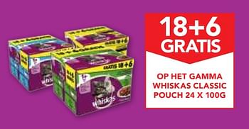 Promoties 18+6 gratis op het gamma whiskas classic pouch 24 x 100g - Whiskas - Geldig van 06/06/2018 tot 19/06/2018 bij Makro