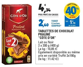 COTE D'OR - CHOCOLAT FONDANT LAIT PRALINE 200g - Confiseries et Chocolat/Chocolat  COTE D'OR 