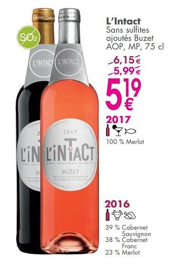Promoties L`intact sans sulfites ajoutés buzet - Rosé wijnen - Geldig van 05/06/2018 tot 02/07/2018 bij Cora