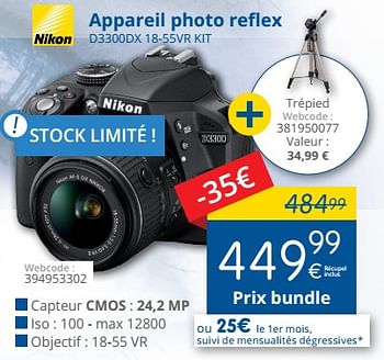 Promotions Nikon appareil photo reflex d3300dx 18-55vr kit - Nikon - Valide de 01/06/2018 à 30/06/2018 chez Eldi