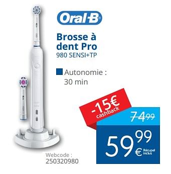 Promoties Oral-b brosse à dent pro 980 sensi+tp - Oral-B - Geldig van 01/06/2018 tot 30/06/2018 bij Eldi