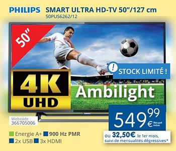 Promotions Philips smart ultra hd-tv 50``-127 cm 50pus6262-12 - Philips - Valide de 01/06/2018 à 30/06/2018 chez Eldi