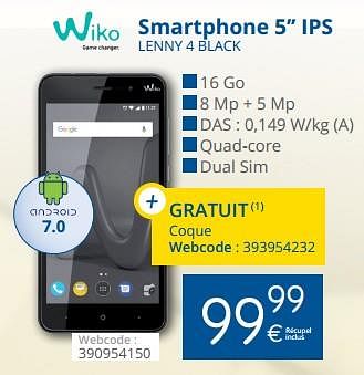 Promotions Wiko smartphone 5`` ips lenny 4 black - Wiko - Valide de 01/06/2018 à 30/06/2018 chez Eldi