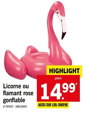 Promotions Licorne ou flamant rose gonflable - Produit maison - Lidl - Valide de 11/06/2018 à 16/06/2018 chez Lidl