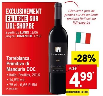 Promoties Torrebianca, primitivo di manduria doc - Rode wijnen - Geldig van 11/06/2018 tot 16/06/2018 bij Lidl