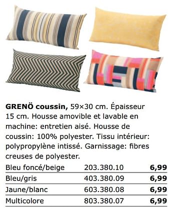 Promotions Greno coussin - Produit maison - Ikea - Valide de 01/06/2018 à 30/09/2018 chez Ikea