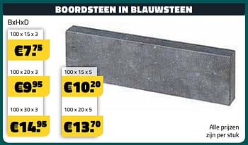 Promotions Boordsteen in blauwsteen - Produit maison - Bouwcenter Frans Vlaeminck - Valide de 10/06/2018 à 30/06/2018 chez Bouwcenter Frans Vlaeminck
