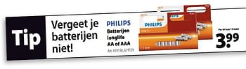 Promoties Philips batterijen longlife aa of aaa - Philips - Geldig van 13/06/2018 tot 25/06/2018 bij Gamma