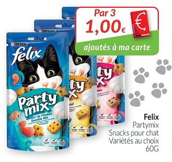 Promotions Felix partymix snacks pour chat variétés au choix - Purina - Valide de 01/06/2018 à 30/06/2018 chez Intermarche
