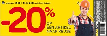 Promoties -20% op één artikel naar keuze - Huismerk - BricoPlanit - Geldig van 12/06/2018 tot 18/06/2018 bij BricoPlanit