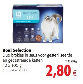 Promoties Boni selection duo brokjes in saus voor gesteriliseerde en gecastreerde katten - Boni - Geldig van 06/06/2018 tot 19/06/2018 bij Colruyt