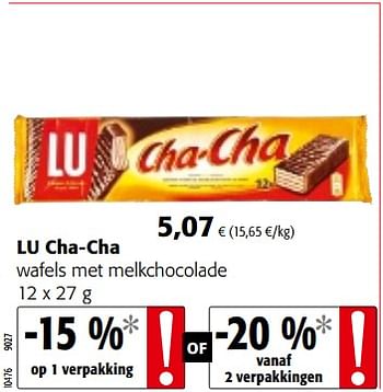 Promotions Lu cha-cha wafels met melkchocolade - Lu - Valide de 06/06/2018 à 19/06/2018 chez Colruyt