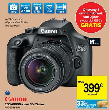 Promoties Canon eos 4000d + lens 18-55mm - Canon - Geldig van 06/06/2018 tot 18/06/2018 bij Carrefour