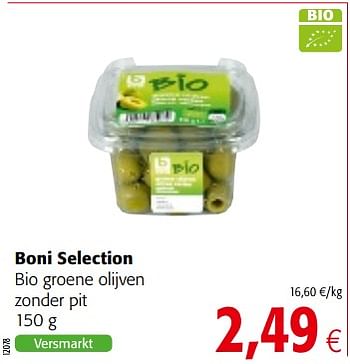 Promoties Boni selection bio groene olijven zonder pit - Boni - Geldig van 06/06/2018 tot 19/06/2018 bij Colruyt