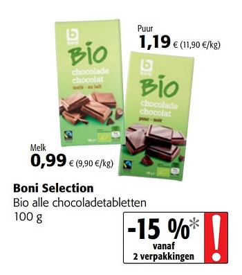 Promoties Boni selection bio alle chocoladetabletten - Boni - Geldig van 06/06/2018 tot 19/06/2018 bij Colruyt