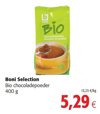 Promoties Boni selection bio chocoladepoeder - Boni - Geldig van 06/06/2018 tot 19/06/2018 bij Colruyt