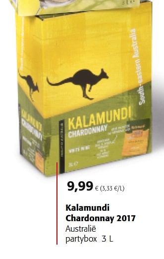 Promotions Kalamundi chardonnay 2017 australië partybox - Vins blancs - Valide de 06/06/2018 à 19/06/2018 chez Colruyt