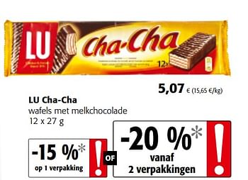 Promoties Lu cha-cha wafels met melkchocolade - Lu - Geldig van 06/06/2018 tot 19/06/2018 bij Colruyt