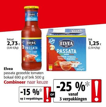 Promoties Elvea passata gezeefde tomaten bokaal of brik - Elvea - Geldig van 06/06/2018 tot 19/06/2018 bij Colruyt
