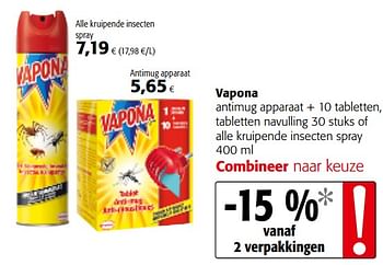 Promoties Vapona antimug apparaat + 10 tabletten, tabletten navulling of alle kruipende insecten spray - Vapona - Geldig van 06/06/2018 tot 19/06/2018 bij Colruyt