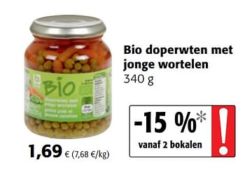 Promoties Bio doperwten met jonge wortelen - Boni - Geldig van 06/06/2018 tot 19/06/2018 bij Colruyt