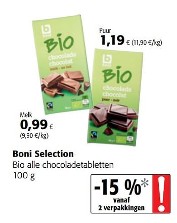 Promotions Boni selection bio alle chocoladetabletten - Boni - Valide de 06/06/2018 à 19/06/2018 chez Colruyt