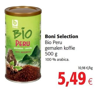 Promotions Boni selection bio peru gemalen koffie - Boni - Valide de 06/06/2018 à 19/06/2018 chez Colruyt