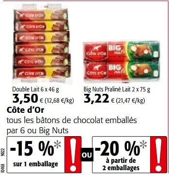 Promotions Côte d`or tous les bâtons de chocolat emballés par 6 ou big nuts - Cote D'Or - Valide de 06/06/2018 à 19/06/2018 chez Colruyt