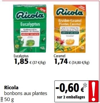 Promotions Ricola bonbons aux plantes - Ricola - Valide de 06/06/2018 à 19/06/2018 chez Colruyt