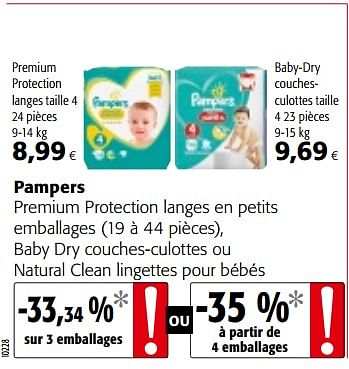 Promotions Pampers premium protection langes en petits emballages , baby dry couches-culottes ou natural clean lingettes pour bébés - Pampers - Valide de 06/06/2018 à 19/06/2018 chez Colruyt