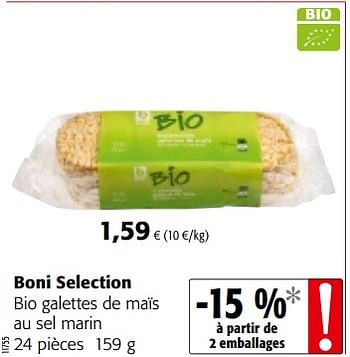 Promoties Boni selection bio galettes de maïs au sel marin - Boni - Geldig van 06/06/2018 tot 19/06/2018 bij Colruyt