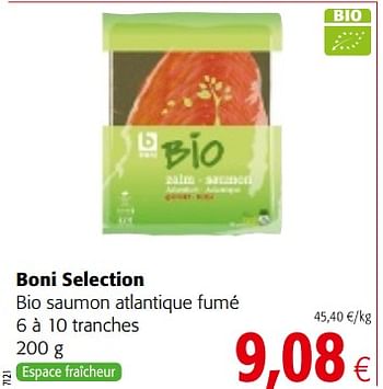 Promotions Boni selection bio saumon atlantique fumé - Boni - Valide de 06/06/2018 à 19/06/2018 chez Colruyt