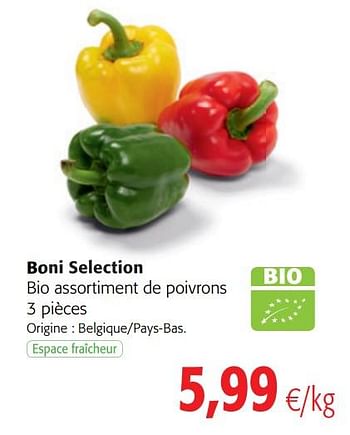 Promotions Boni selection bio assortiment de poivrons - Boni - Valide de 06/06/2018 à 19/06/2018 chez Colruyt