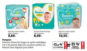 Promotions Pampers premium protection langes en petits emballages, baby-dry couches-culottes ou natural clean lingettes pour bébés - Pampers - Valide de 06/06/2018 à 19/06/2018 chez Colruyt