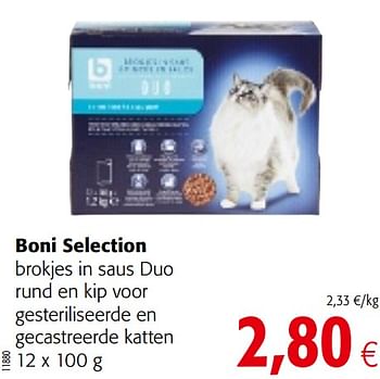 Promoties Boni selection brokjes in saus duo rund en kip voor gesteriliseerde en gecastreerde katten - Boni - Geldig van 06/06/2018 tot 19/06/2018 bij Colruyt