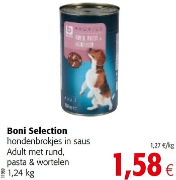 Promotions Boni selection hondenbrokjes in saus adult met rund, pasta + wortelen - Boni - Valide de 06/06/2018 à 19/06/2018 chez Colruyt