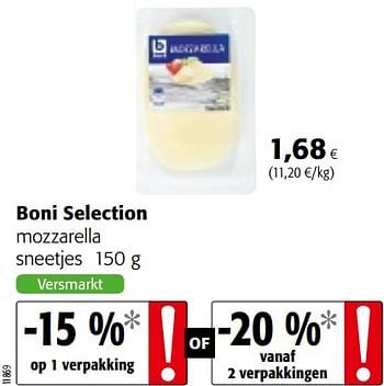 Promoties Boni selection mozzarella sneetjes - Boni - Geldig van 06/06/2018 tot 19/06/2018 bij Colruyt