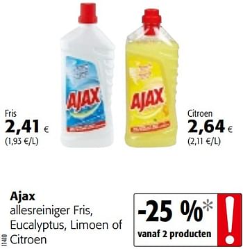 Promotions Ajax allesreiniger fris, eucalyptus, limoen of citroen - Ajax - Valide de 06/06/2018 à 19/06/2018 chez Colruyt