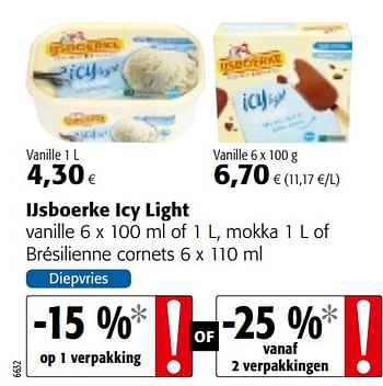 Promoties Ijsboerke icy light vanille of mokka of brésilienne cornets - Ijsboerke - Geldig van 06/06/2018 tot 19/06/2018 bij Colruyt