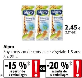 Promotions Alpro soya boisson de croissance végétale 1-3 ans - Alpro - Valide de 06/06/2018 à 19/06/2018 chez Colruyt