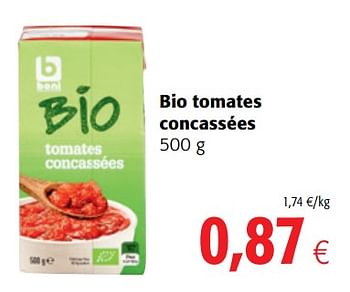 Promotions Bio tomates concassées - Boni - Valide de 06/06/2018 à 19/06/2018 chez Colruyt